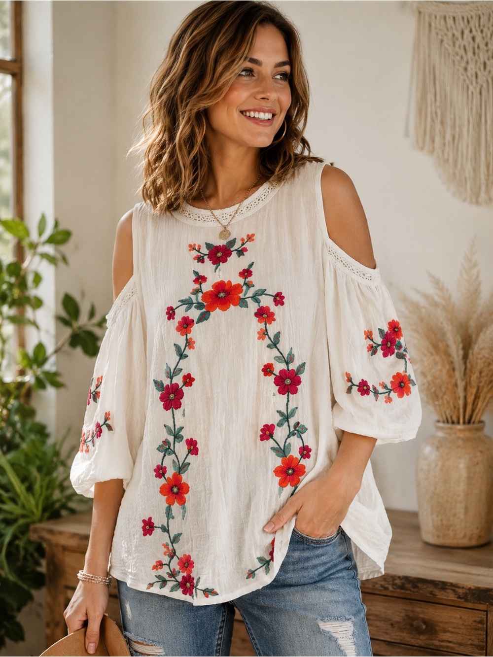 Umgee USA Floral Embroidered Cold Shoulder Boho Peasant Top Ivory Small NWOT